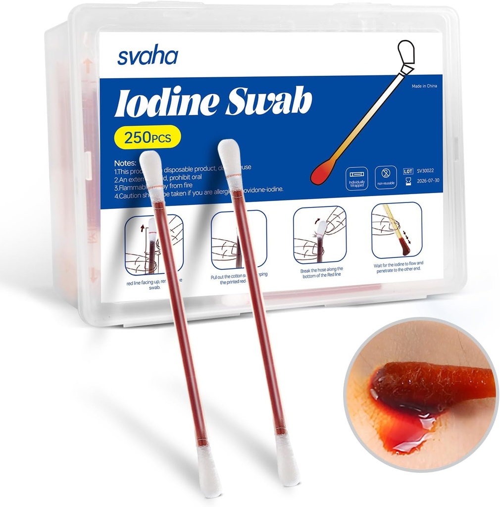 Svaha Povidon Jod Swabsticks - 250 Sticks individuelt indpakket, Jod Solution udgivet Når snapped, Ingen tørring ud, Perfekt til Sårpleje, Førstehjælp Kits, Rejser & Udendørs brug