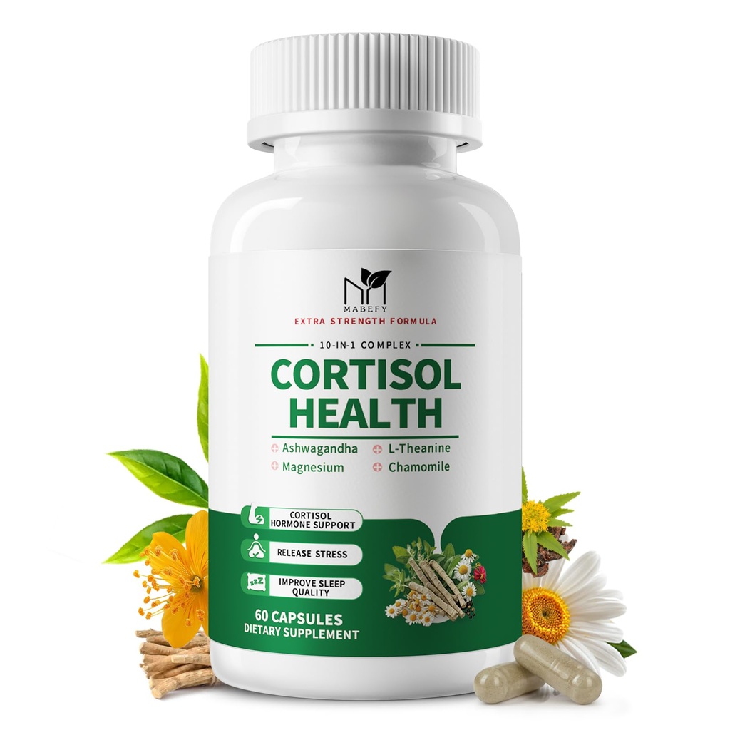 Cortisol Kosttilskud til kvinder / mænd - 10 i 1 Cortisol Manager Reducer Lavere Detox Balance med Magnesium, Ashwagandha, L- Theanine til stress, søvn, rolig, Mood Support - 60 kapsler til 30 dage