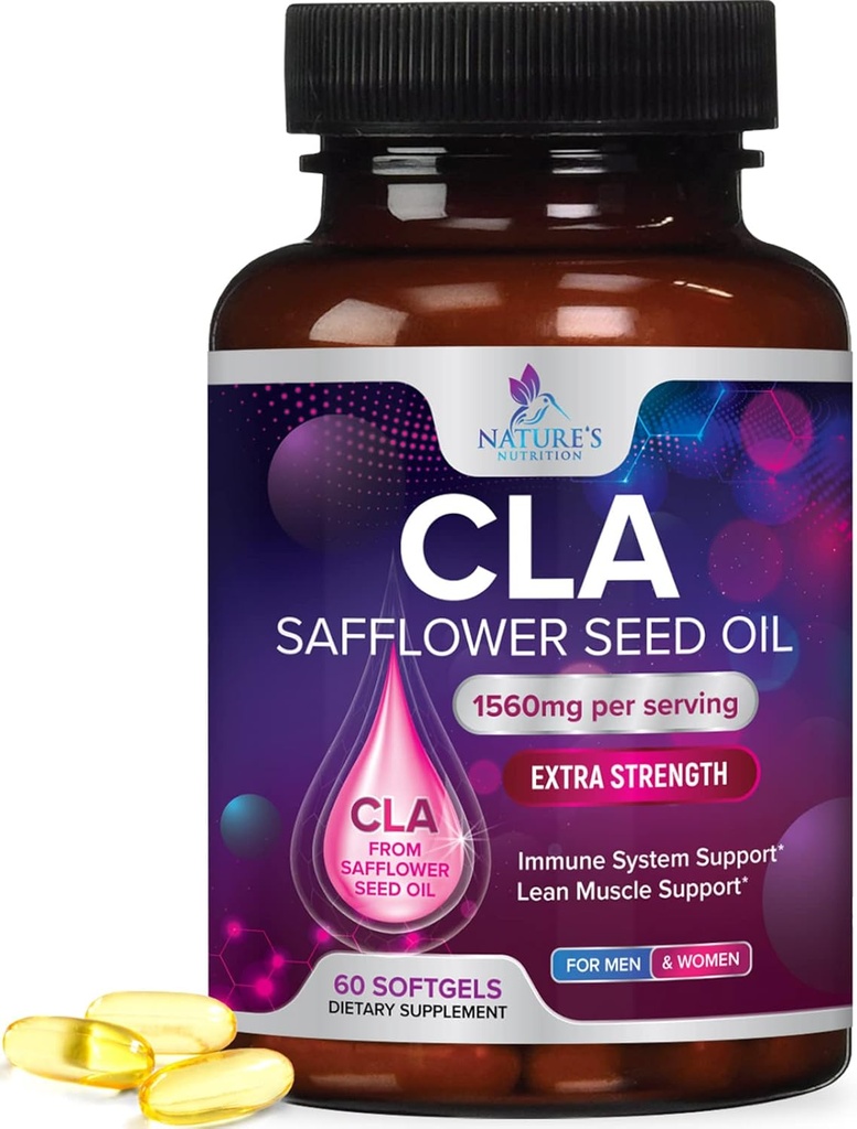 CLA supplement, konjugeret linolsyre 1560mg - Ekstra styrke CLA supplement piller - Support Body Composition, Lean Muscle Tone, & Energy - Saflor kapsler, Gluten Free, Non- GMO - 60 Softgels