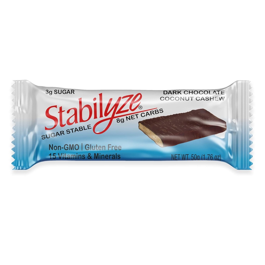 Stabilise Nutrition Bars, Dark Chocolate Coconut Cashew, Keto Meal Erstatning Bars med 15 essentielle Vitamin & Mineraler, Gluten Free, Ikke GMO, Lav Carb Snacks, Individuelt indpakket (12 Pack)