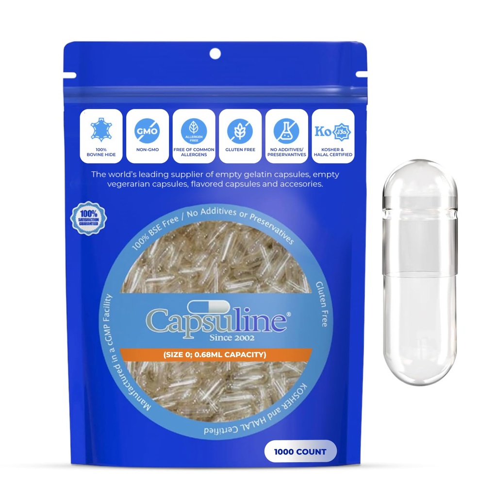 Capsulin Størrelse 0 Tomme Gelatine Kapsler, Clear - 1000 Greve • 124; Gluten Free, Kosher, Non- GMO Certificeret • 124; Pure Bovin Pill Caps for DIY Supplement Fyldning - 1000