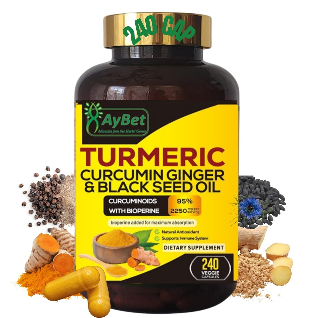 World 1st.Turmerisk Curcumin Ginger & Black Seed Oil, 240 Caps, 2250mg, 95% Curcuminoids, BioPerin Tilføjet, Ekstra Styrke, Økologisk, Halal, Vegan, Support Immunsystem, Antioxidant, Fælles Support