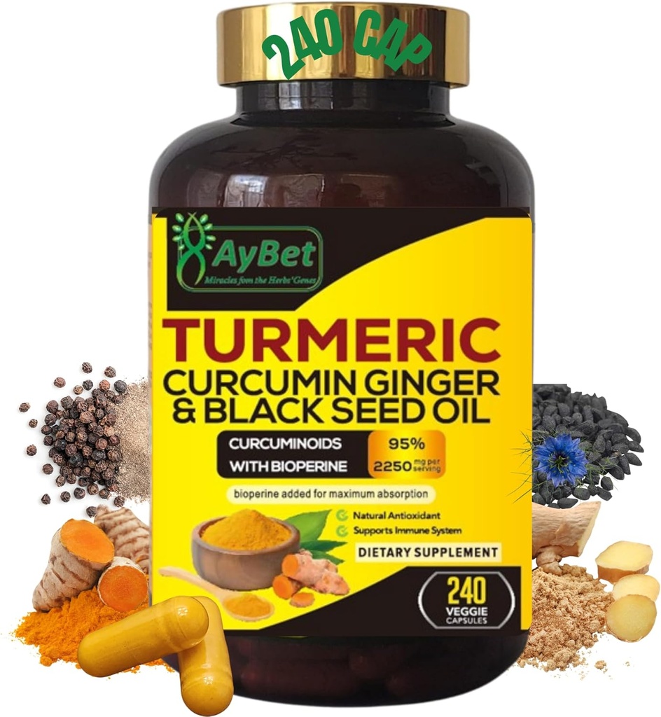 World 1st.Turmerisk Curcumin Ginger & Black Seed Oil, 240 Caps, 2250mg, 95% Curcuminoids, BioPerin Tilføjet, Ekstra Styrke, Økologisk, Halal, Vegan, Support Immunsystem, Antioxidant, Fælles Support