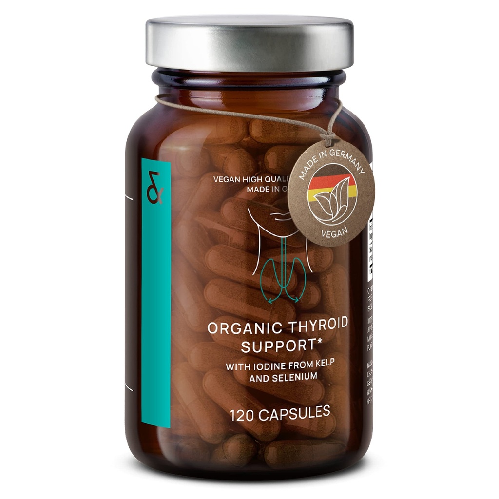Organic Thyroid Support Supplement med jod fra Sea Kelp Organic og Selen fra Sennep Seed Extract - 120 Kapsler - Natural Thyroid Supplement for mænd og kvinder - Vegan og Gluten Free