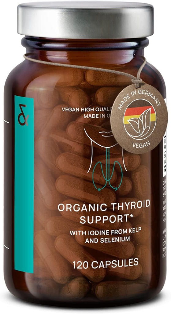 Organic Thyroid Support Supplement med jod fra Sea Kelp Organic og Selen fra Sennep Seed Extract - 120 Kapsler - Natural Thyroid Supplement for mænd og kvinder - Vegan og Gluten Free