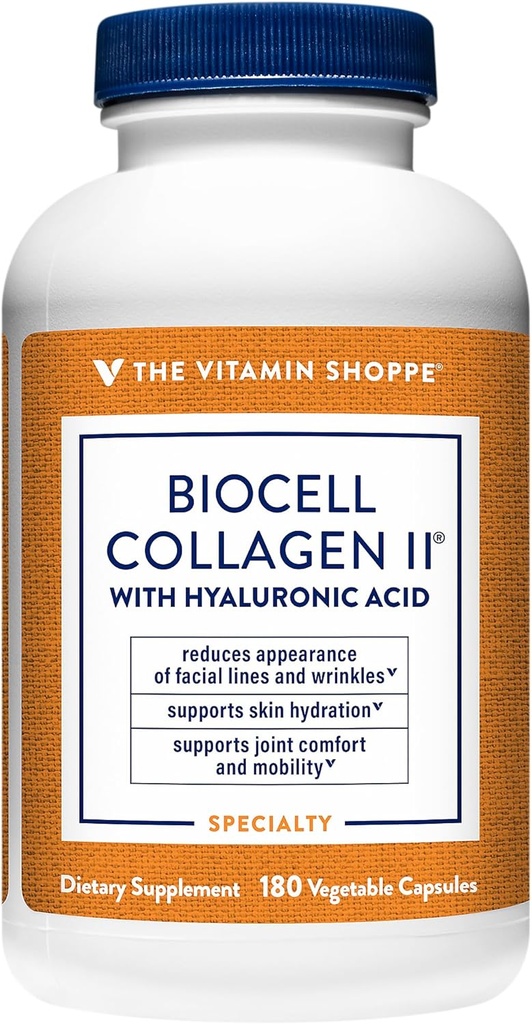 Vitamin Shoppe Biocell Collagen II med Hyaluronsyre 1000mg - fremmer sund hud, Joints & Cartiage - Understøtter hydrering & Elasticitet - for daglig wellness (60 vegetabilske kapsler)