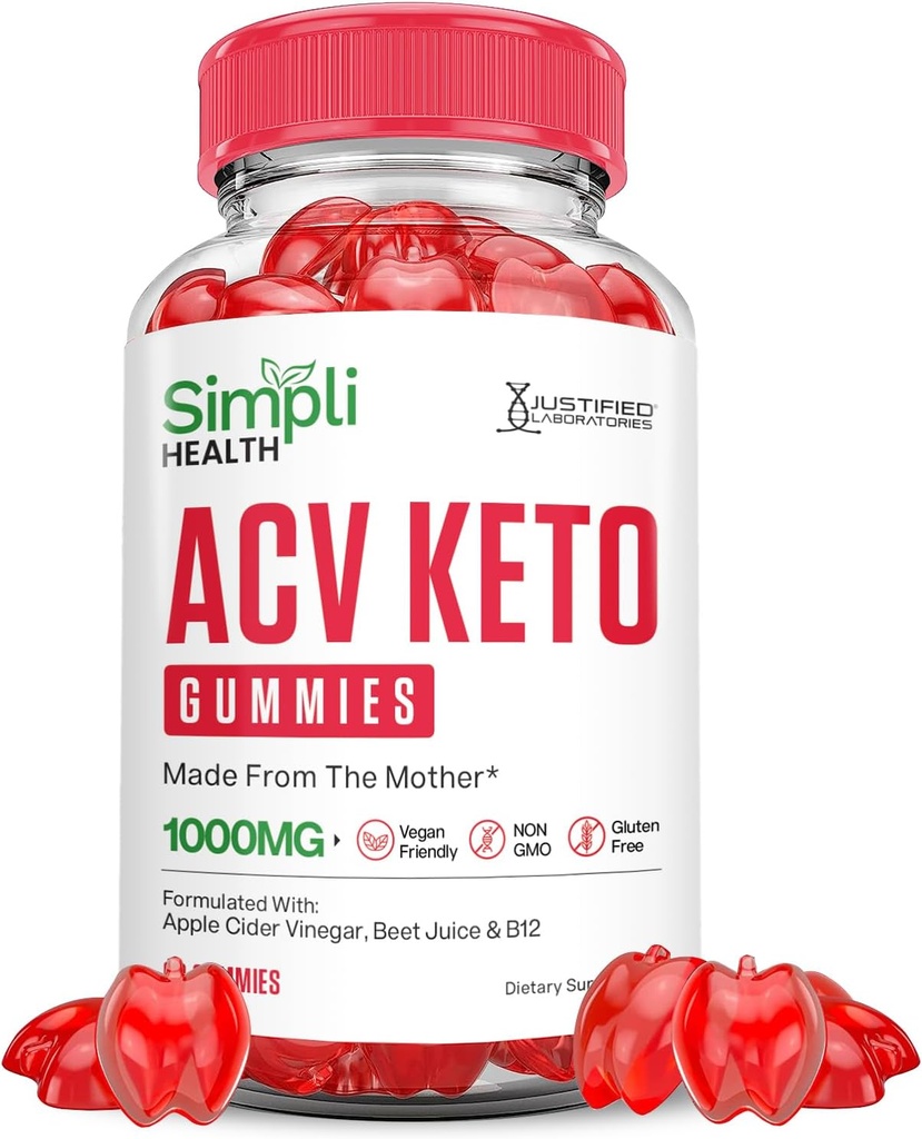Simpli Health Keto ACV Gummies Advanced Formel 1000MG Ketonature Keto Gummies Apple Cider Vinagar Formuleret med Pomegranat Beet Juice Powder B12 Vegan Non GMO 60 Gummys