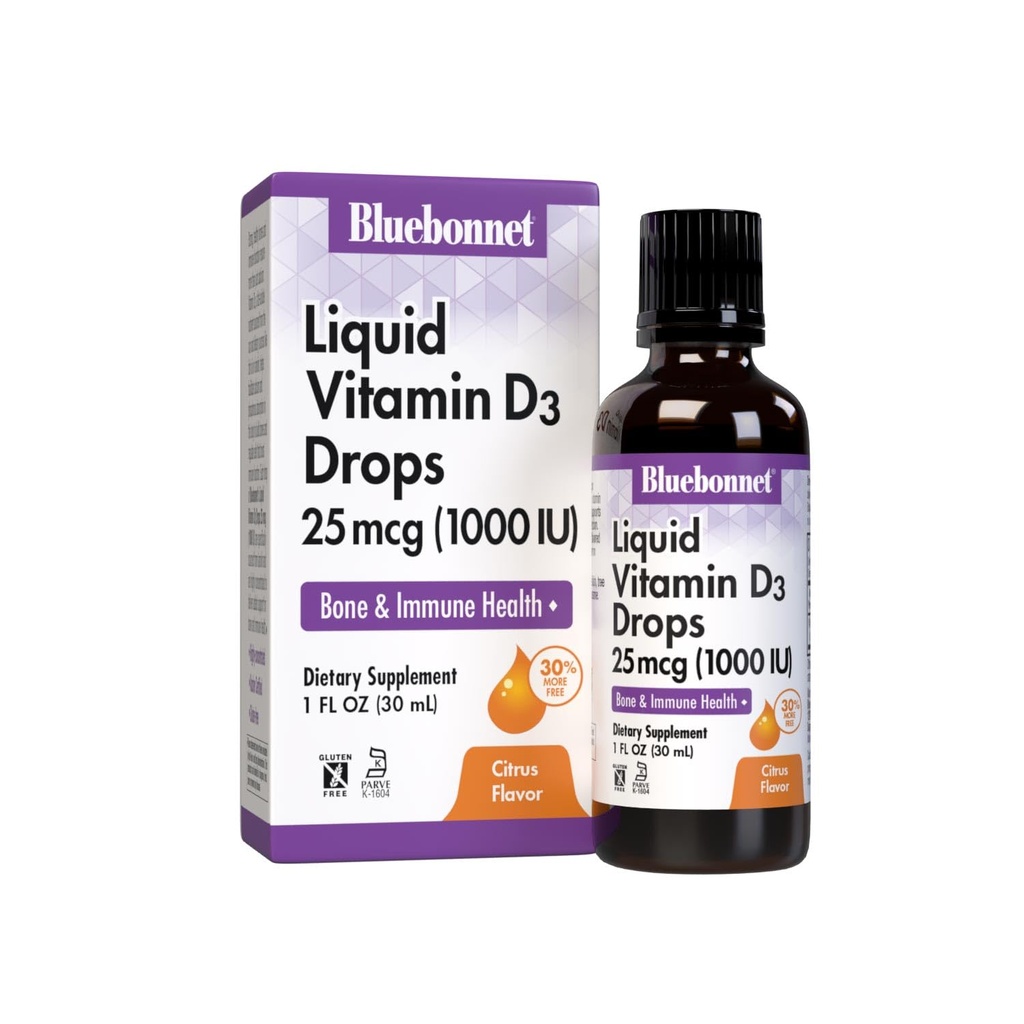BlueBonnet Vitamin D3 1000 IE 25mcg Stærk Bones & Immun Support - Flydende Vitaminer for kvinder & mænd - Lanolin VIT D dråber med MCT Oil - Non- GMO, Vegetar - Citrus Flavor - 1 Fl Oz