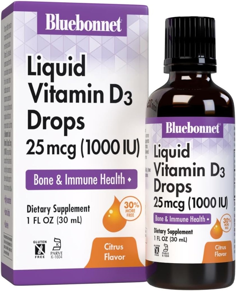 BlueBonnet Vitamin D3 1000 IE 25mcg Stærk Bones & Immun Support - Flydende Vitaminer for kvinder & mænd - Lanolin VIT D dråber med MCT Oil - Non- GMO, Vegetar - Citrus Flavor - 1 Fl Oz