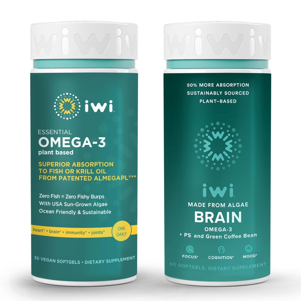 Iwi Omega-3 Essential & Brain Omega-3 Bundle, 30 Servings, Vegan Plant-Based Algae Omega 3 with EPA + DHA, Krill & Fish Oil Alternative, No Fishy Aftertaste