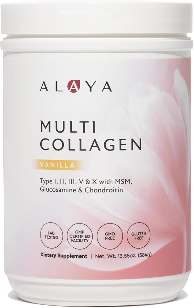 Alaya Multi Collagen Powder - Type I, II, III, V, X Hydrolyzed Collagen Peptider Protein Powder Supplement med MSM + GC (Vanilla)