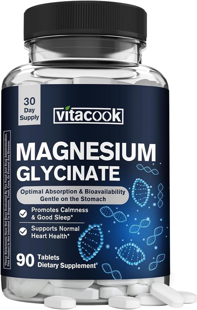 Magnesium Glycinate 300 mg, Natural Calmness, Sund Mood & Kardiovaskulær Support, Høj Potens og Ultra - Absorberbar, Ikke Buffered, Non- GMO, 90 tabletter