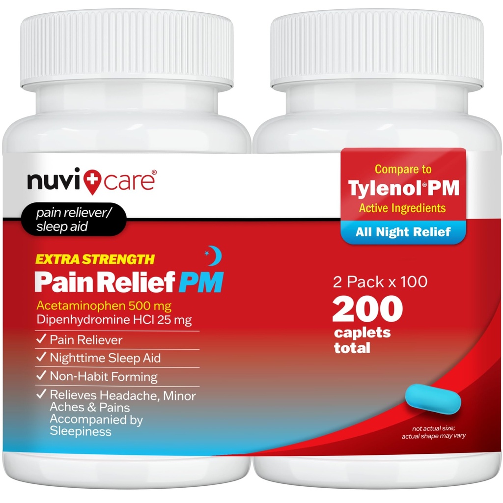 Extra Strength Pain Relief PM - Acetaminophen 500mg & Diphenhydramin 25mg - Sammenlign med Tylenol PM Extra Strength Sleep Aid - Voksen PM Pain Reliever for Nighttime Aches & Pains (100 tabletter)