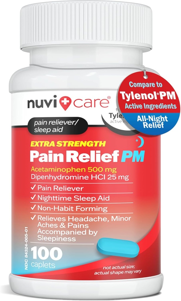 Extra Strength Pain Relief PM - Acetaminophen 500mg & Diphenhydramine 25mg - Compare to Tylenol PM Extra Strength Sleep Aid - Adult PM Pain Reliever for Nighttime Aches & Pains (100 Tablets)