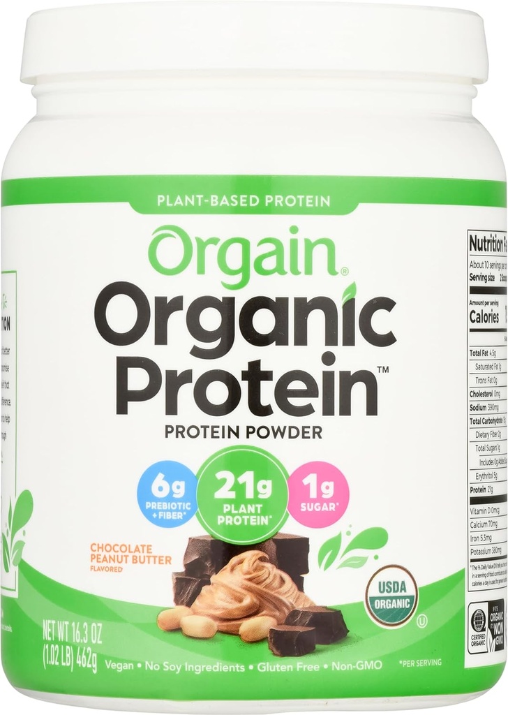 Orgain Organic Vegan Protein Powder, Chocolate Peanut Butter - 21g Plant Based Protein, Low Net Carbs, non Dairy, Gluten Free, Lactose Free, No Sugar Added, Soy Free, Kosher, 1.02 Pound