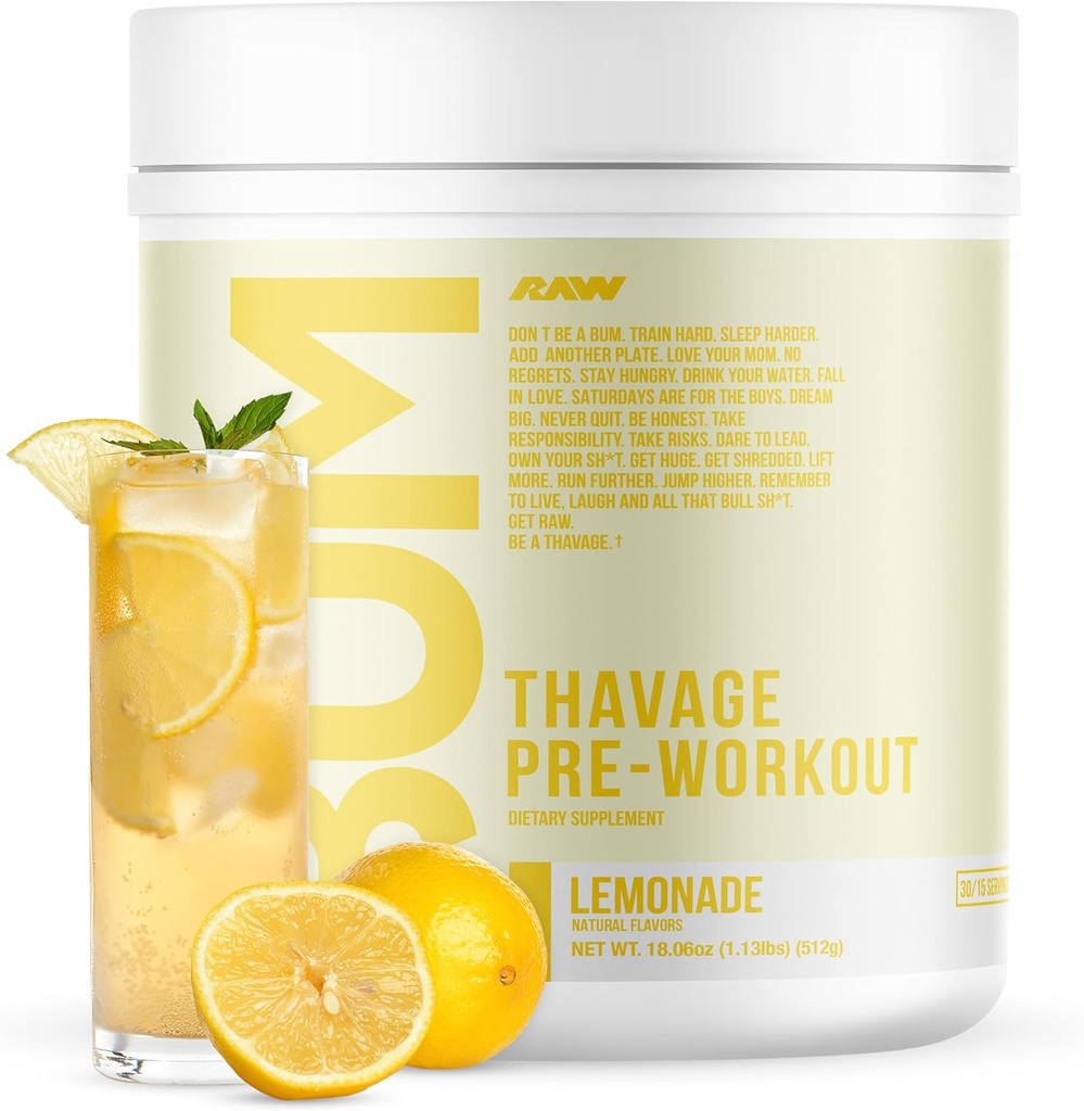 RAW Pre Workout Powder, Thavage (Lemonade) - Chris Bumstead Sport Nutrition Supplement for mænd og kvinder - Cbum Pre Workout for working out, Hydration, Mental Focus & Energy - 40 Serveringer