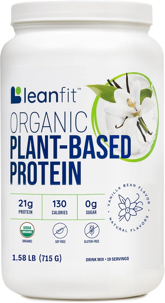 LeanFit Organic Plant- Based Protein Powder, Natural Vanilla Flavor - Vegan, USDA Organic Certified, Soy- Free, Gluten- Free, Dairy- Free, Sugar- Free, Non- GMO - 21g Protein, 19 Servere, 1,58 Pound Tub
