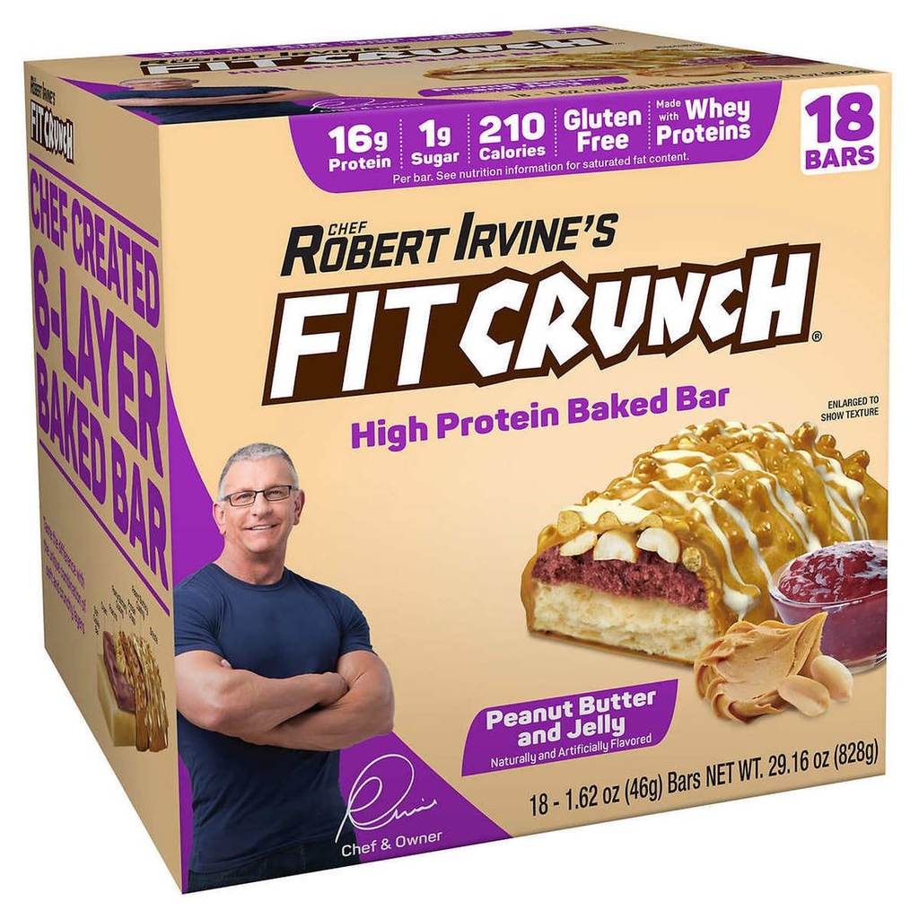 FITCRUNCH Snack størrelse Protein Barer, 6-Layer bagt Bar, 1g sukker, Gluten Free & Soft Cake Core (18 Barer, Peanut Butter og Jelly)