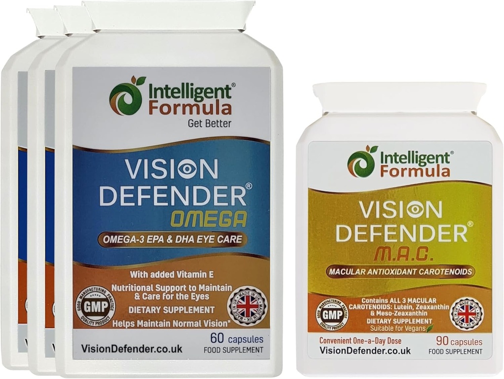 Vision Defender MAC & Omega Everyday General Eye- Health Bundle (90 dages forsyning). Øjenvitaminer supplement omfatter Carotenoider Lutein, Zeaxanthin, Omega-3 (DHA, EPA). Fremstillet i Storbritannien af øjenspecialister
