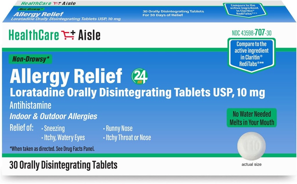 HealthCareAisle Allergy Relief - Loratadine 10 mg Oralt opløses tabletter USP - 30 tabletter - Original receptpligtig styrke Allergi Medicin, 24- timers Relief