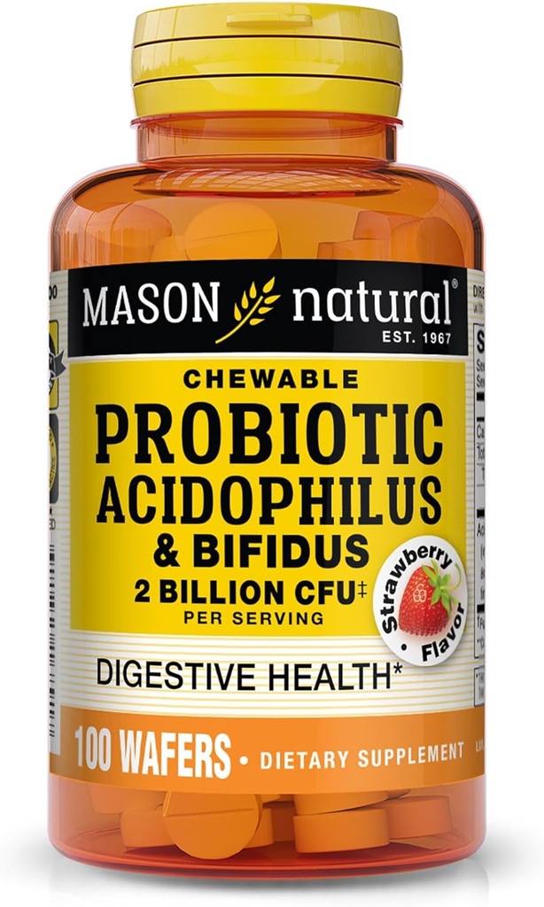 MASON NATURAL Probiotisk Acidophilus med Bifidus, 50 dages forsyning, Understøtter sund normal fordøjelse, Strawberry Flavor, 100 Chewable Wafers