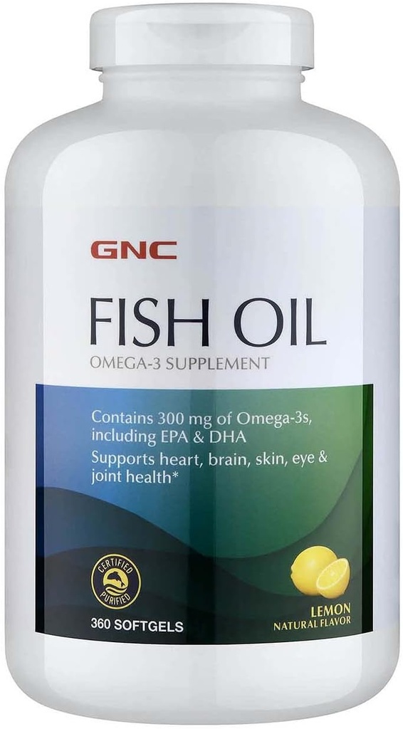 GNC Fish Oil Omega 3 Supplement, 300mg EPA og DHA, Lemon Flavor, understøtter hjerte, hjerne, hud, øje og fælles sundhed, 360 Softgels, 360 Servere