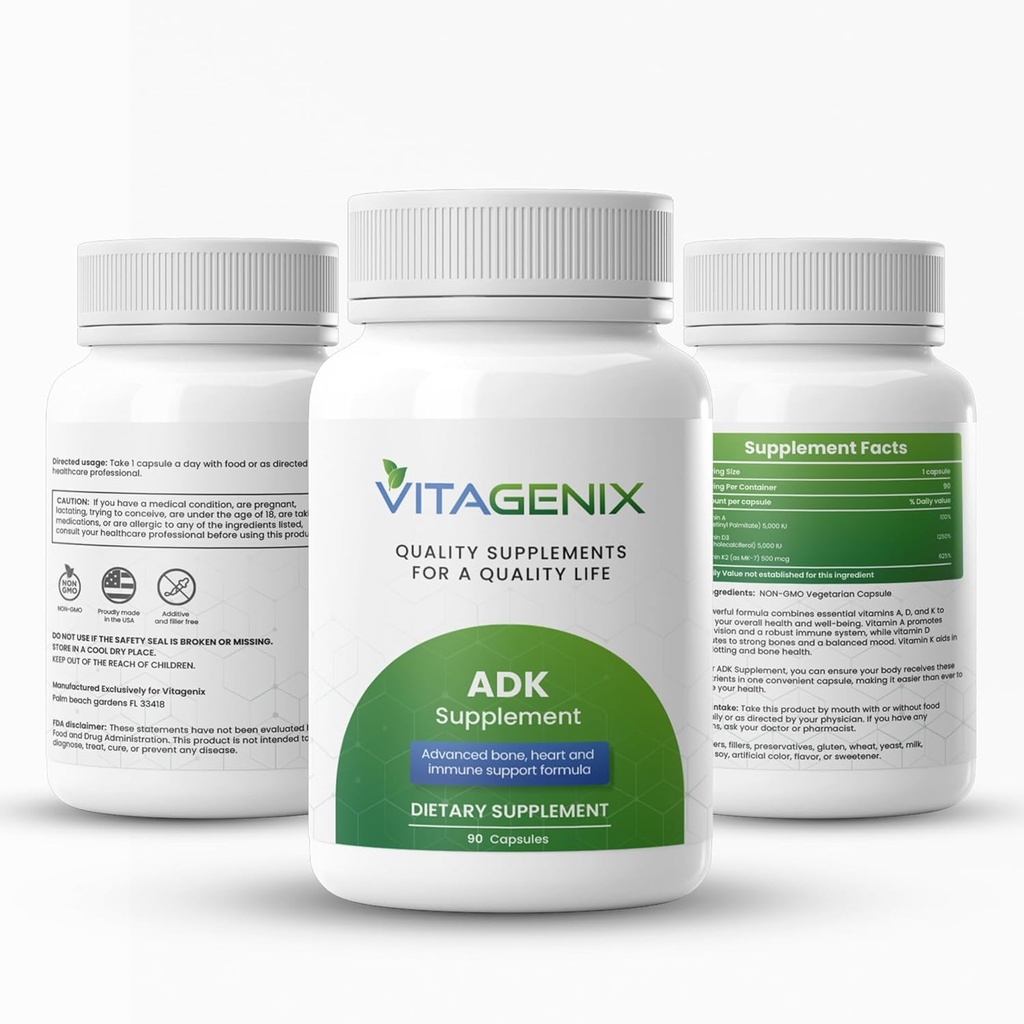 ADK 10 - Vitamin A, D3 & K2 supplement til mænd og kvinder - Høj potens Vitamin ADK - Hjælper support immunforsvar, ben & hjerte sundhed - 90 kapsler