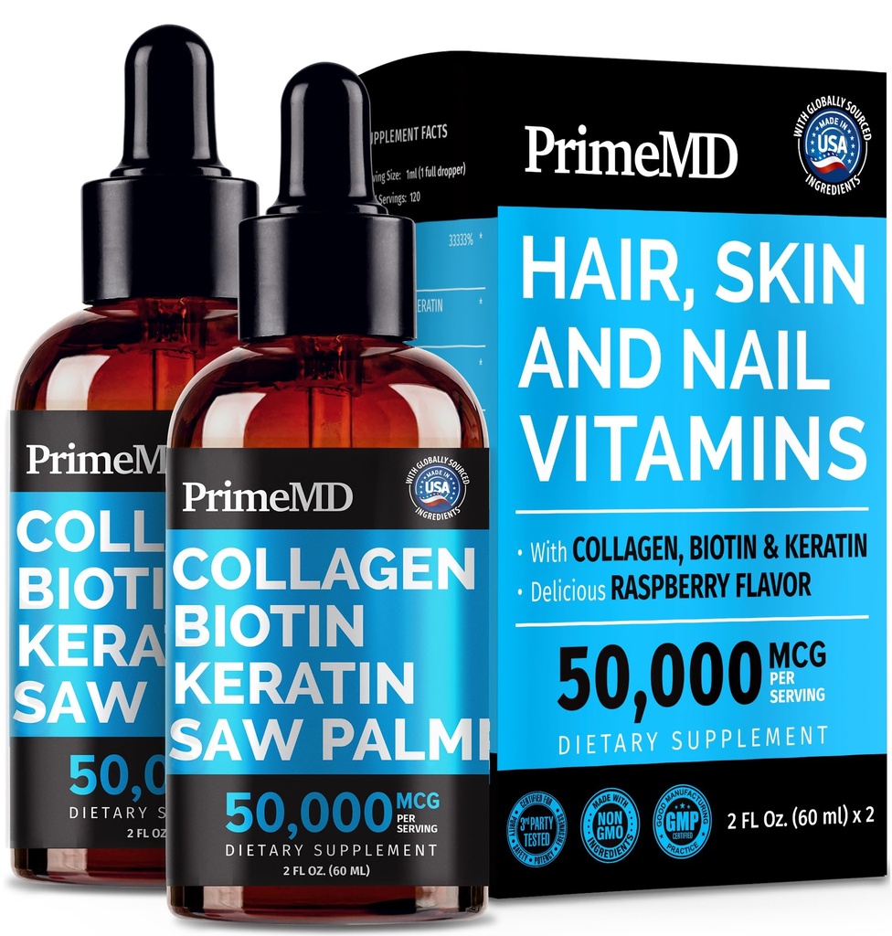 Flydende collagen peptider til kvinder - Serum Complex med Biotin Vitamin, Hydrolyzed Keratin Protein og Saw Palmetto - Omfattende formel for hår, hud og negle Wellness - 2fl oz (pakke med 2)