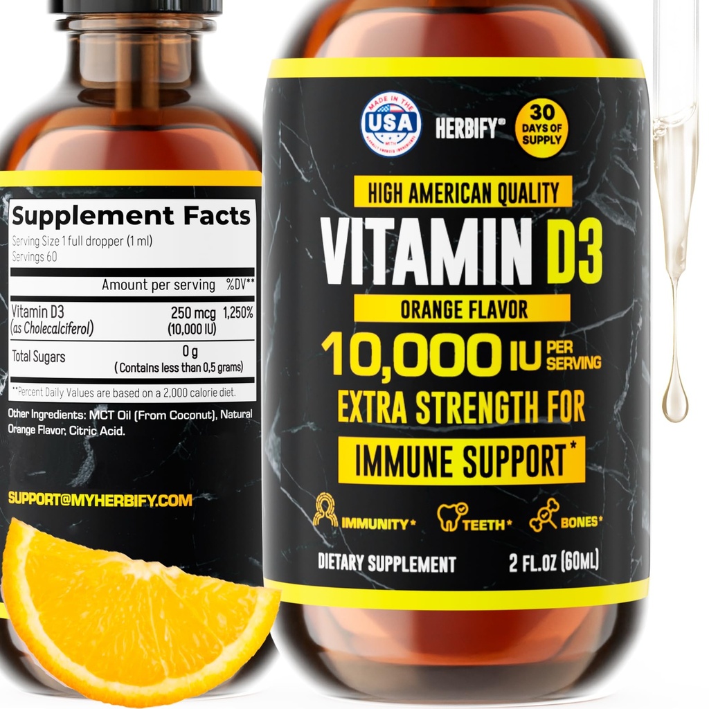 HERBIFY D3 10000 IE - Made in USA Liquid Vitamin D Drops - Knoglestyrke og immunforsvar supplement - Solskin udskiftning - D3 Vitamin Ben og tænder supplement - 2 Oz