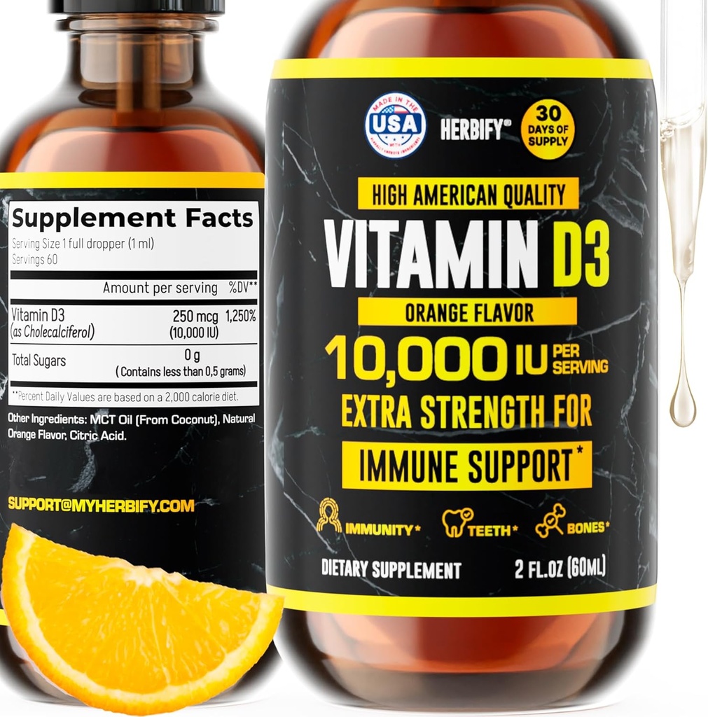 HERBIFY D3 10000 IE - Made in USA Liquid Vitamin D Drops - Knoglestyrke og immunforsvar supplement - Solskin udskiftning - D3 Vitamin Ben og tænder supplement - 2 Oz