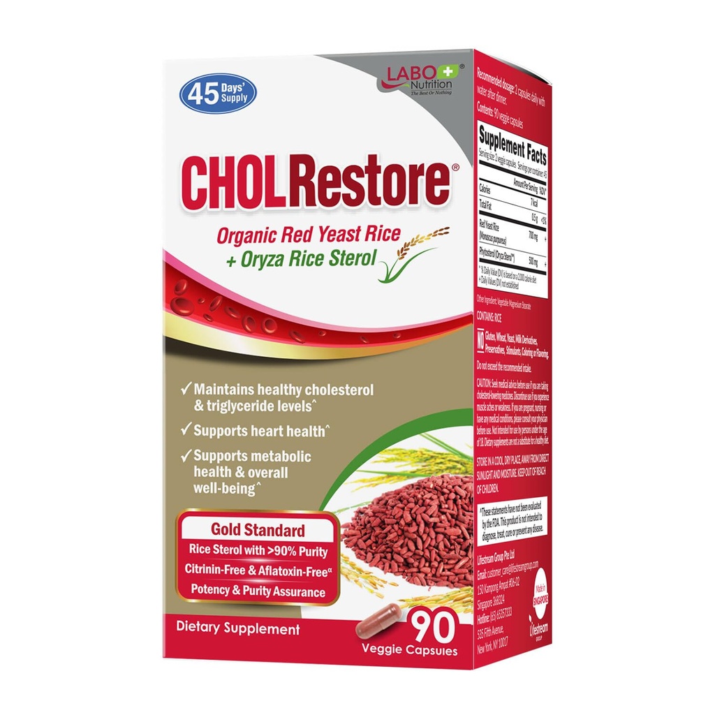 Labo Nutrition CHOLRestore - Rød Gær Rice med Phytosterol Health Supplement, Understøtter sunde Cholesterol Niveauer, Citrinin, Aflatoksin & Soy Free, 90 Vegetariske kapsler