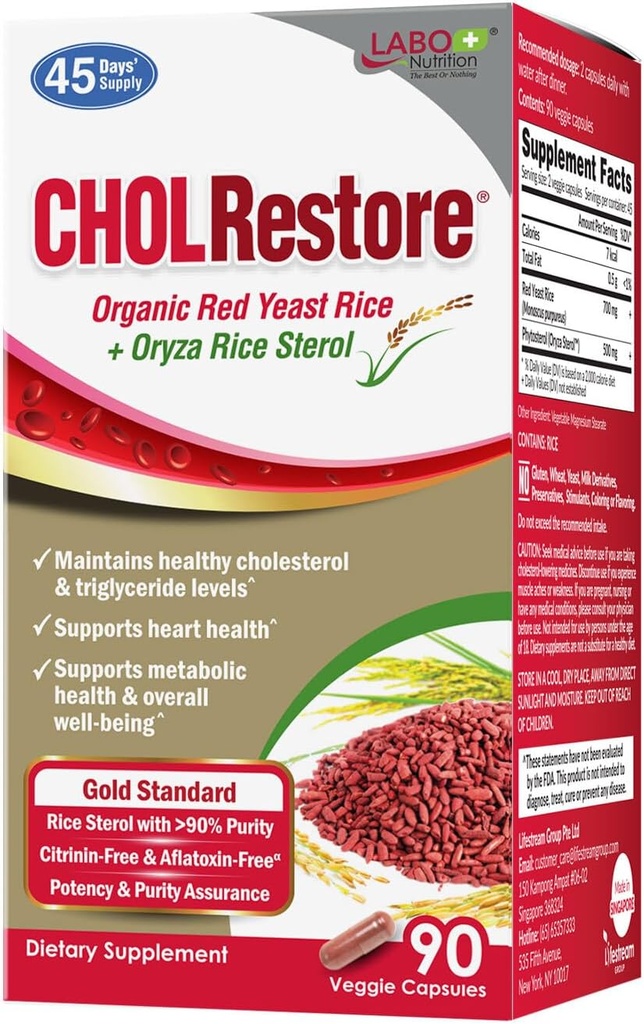 Labo Nutrition CHOLRestore - Rød Gær Rice med Phytosterol Health Supplement, Understøtter sunde Cholesterol Niveauer, Citrinin, Aflatoksin & Soy Free, 90 Vegetariske kapsler