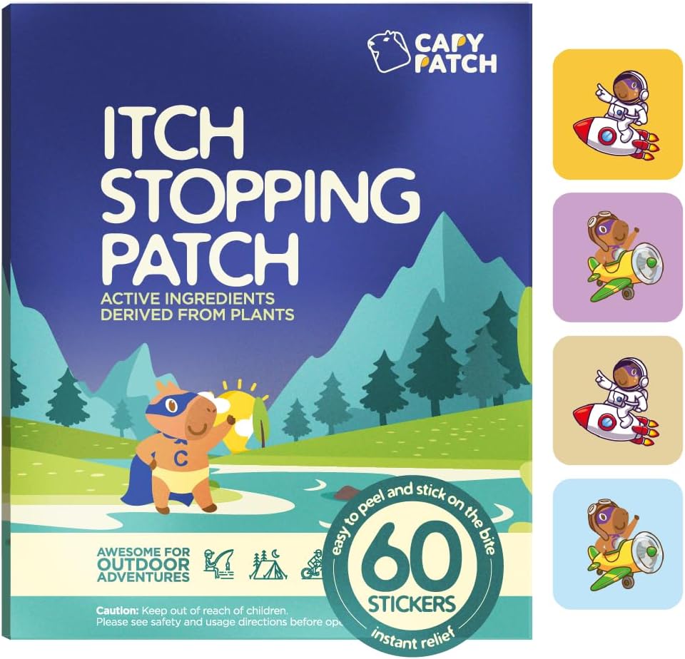 CAPY Bug Bite Itch Relief Patches for Kids - 60 Count, Travel & Camping Essentials, Hydrocortisone Alternative, Itch Relief Stickers for Mosquito & Bug Bites