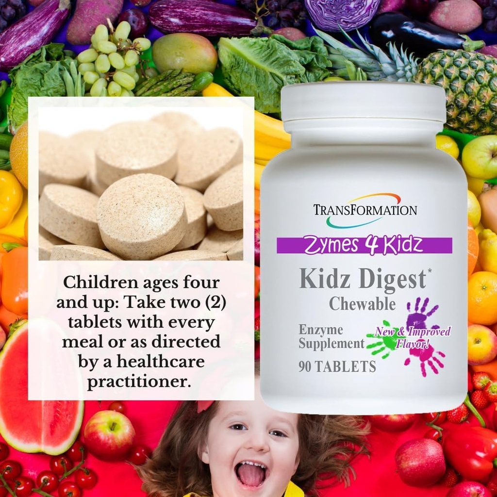 TRANSFORMERING GENESIS AF GOD SUNDHED Enzymer Kidz fordøjelsesfremmende enzymer Supplement Chewable, Fremme sund & komplet fordøjelse & eliminering for børn, 90 tabletter