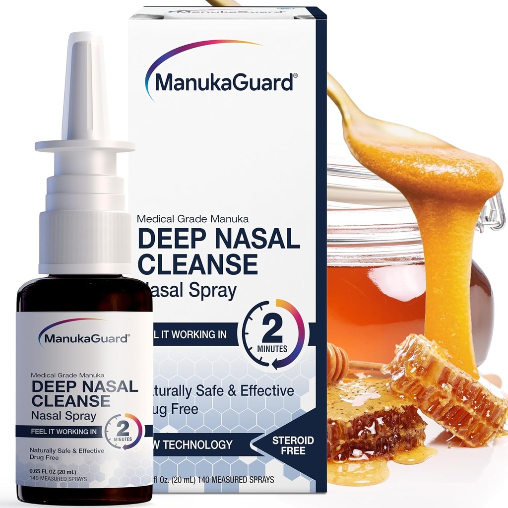 ManukaGuard Medical Grade Manuka Honey Natural Nasal Spray med Saline Solution for Congestion Support, Sinus og Allergy Relief, Nasal Moisturizing, New Zealand Honey, MGO 600, 0,65 fl oz Flaske