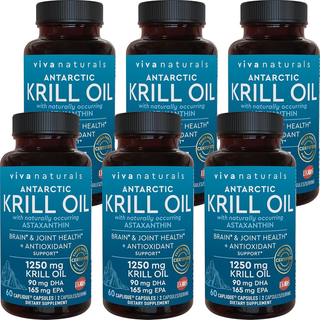 Viva Naturals Antarctic Krill Oil 1250 mg, Omega 3 EPA DHA and Astaxanthin, Joint Support and Brain Supplement with Antioxidant Properties, No Fishy Aftertaste (Pack of 6)