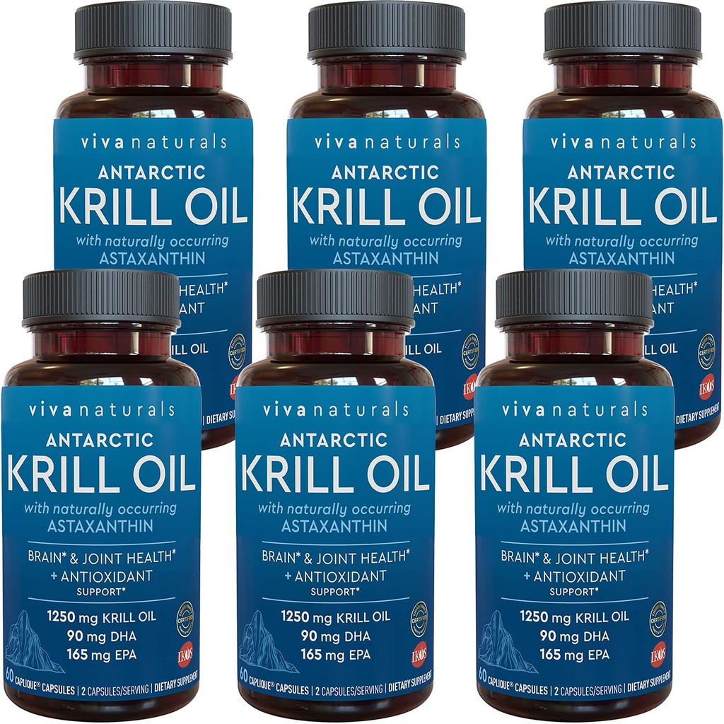 Viva Naturals Antarctic Krill Oil 1250 mg, Omega 3 EPA DHA og Astaxanthin, Joint Support and Brain Supplement with Antioxidant Properties, No Fishy Aftersmage (Pack of 6)