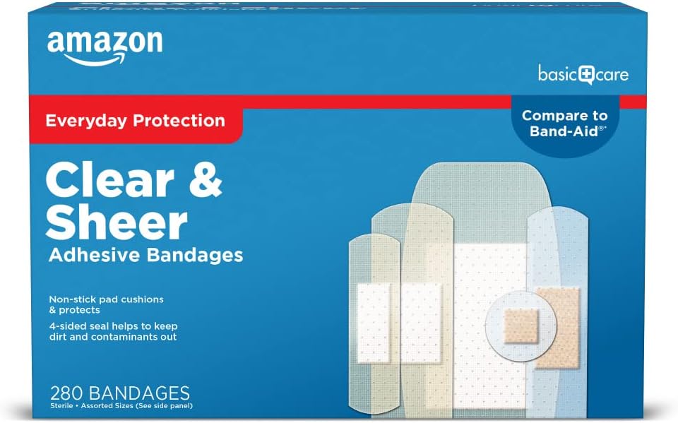 Grundlæggende pleje Sheer og Clear Adhesive Bandages Familie Variety Pack, Førstehjælp og Sårpleje Supplies, Assorterede størrelser, 280 Greve