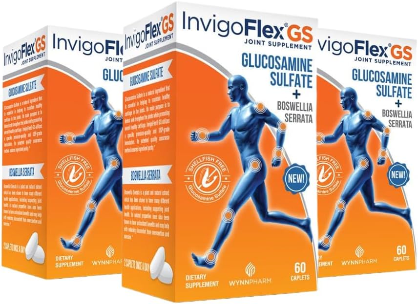 INVIGOFLEX Glucosamine Sulfate (Shellfish Free, Natriumfri & Vegetarisk Safe) Non GMO, Gluten Free - with Boswellia Serrata - Premium Joint Supplement GS - 3 Pack