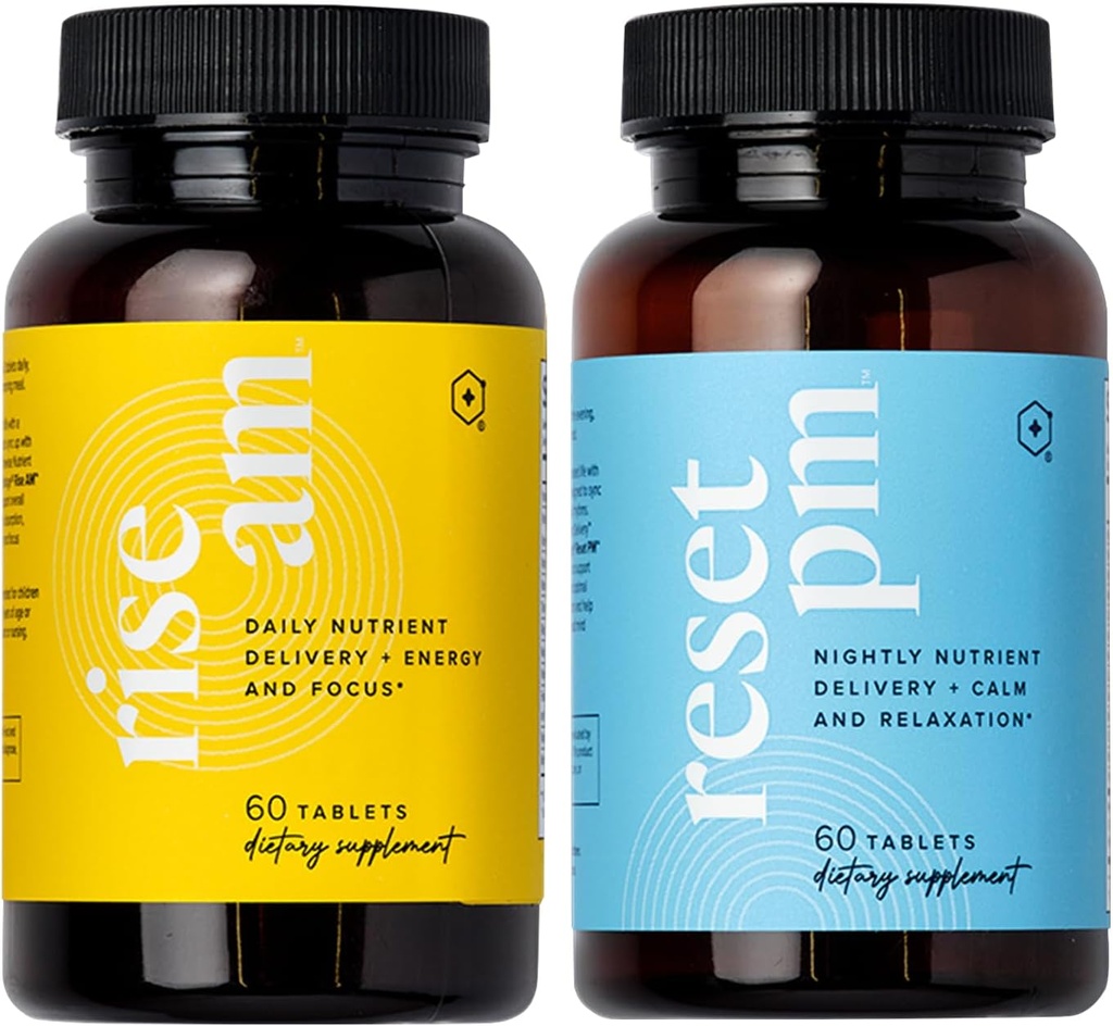 LifeVantage Rise AM & Nulstil PM System - Kombination af Rise AM & Nulstil PM System, et multivitamin til mænd og kvinder supplement giver vitaminer, mineraler og adaptogener. - 60 tabletter pr. flaske