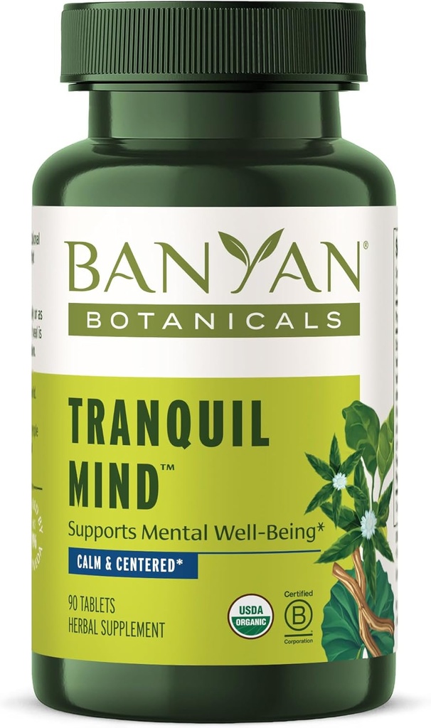 Banyan Botanicals Tranquil Mind - Økologisk tillæg med Guduchi, Gotu Kola & Skullcap - Understøtter lejlighedsvis Anxiosis & fremmer en følelse af ro * - 90 tabletter - ikke-GMO bæredygtigt syret Vegan