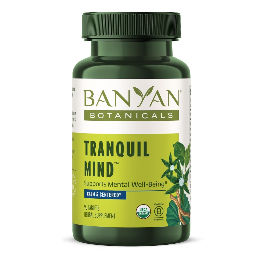 Banyan Botanicals Tranquil Mind - Økologisk tillæg med Guduchi, Gotu Kola & Skullcap - Understøtter lejlighedsvis Anxiosis & fremmer en følelse af ro * - 90 tabletter - ikke-GMO bæredygtigt syret Vegan