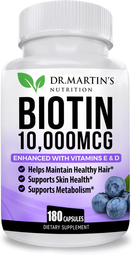 Potent biotin (vitamin B7) 10,000 mcg med vitaminer D & E Supplements124; 180 Greven 124; Hår, hud og nakkestøtter 124; For tykkere og stærkere hårvækst 124; Sund, ungdommelig hud & stærke nakkestøtter 124; Energistøtte