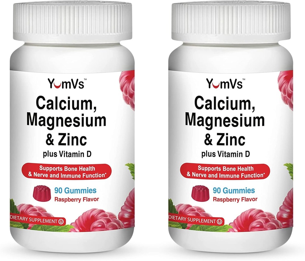 YUM- V 'S Calcium, Magnesium, Zink og D-vitamin Gummies (90 Tæl) - Calcium Gummies med vitamin D3 + Zink & Magnesium Kosttilskud - lækker ben sundhed vingummi supplement til mænd, kvinder og børn