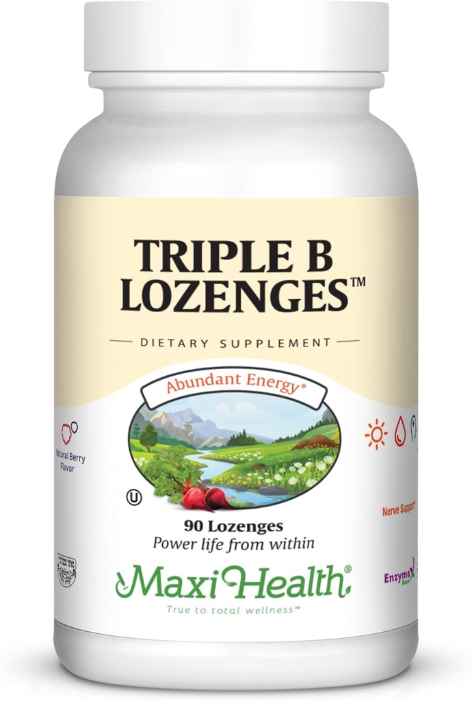 Maxi Health Triple B Lozenges - Vitamin B12 & B6 & Biotin - Jordbær Flavor - 90 Chewies - Kosher