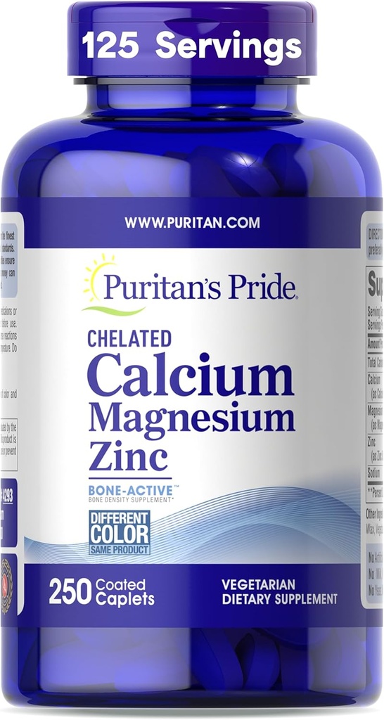 Puritan 's Pride Premium Chelated Calcium Magnesium Zink med Bone- Active ™, Kosttilskud til ben sundhed og immunfunktion Support, 250 Overtrukne kapsler