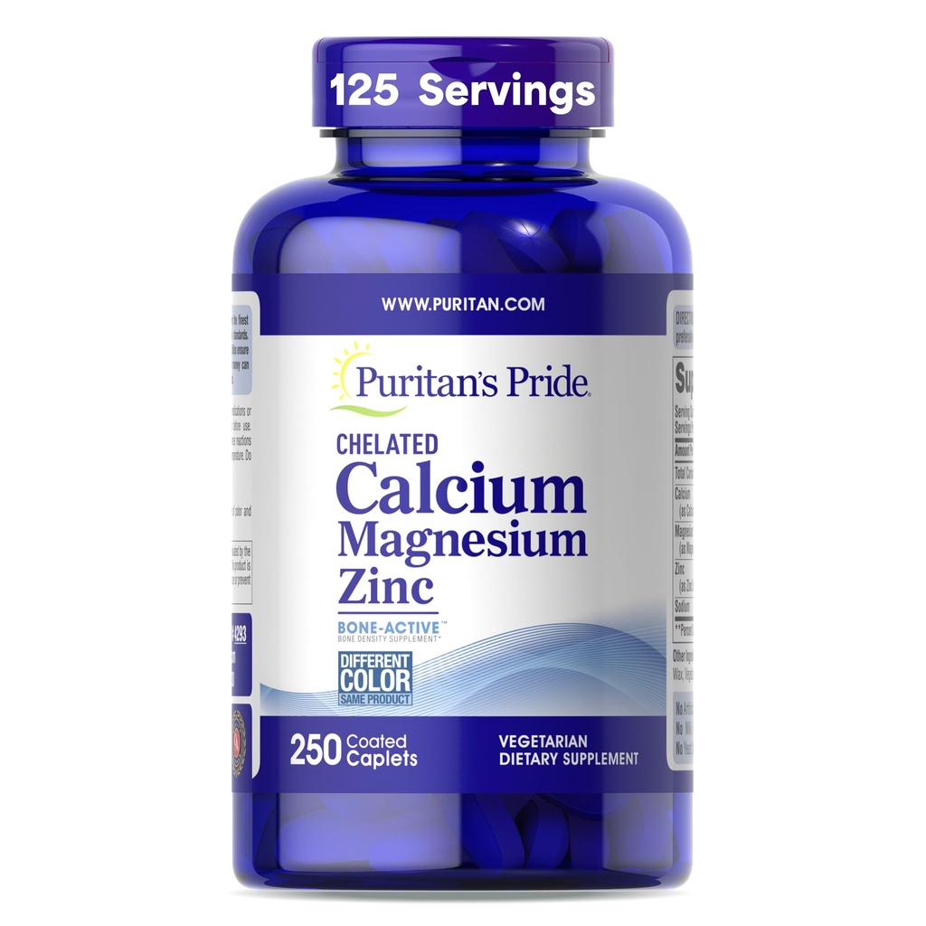 Puritan 's Pride Premium Chelated Calcium Magnesium Zink med Bone- Active ™, Kosttilskud til ben sundhed og immunfunktion Support, 250 Overtrukne kapsler