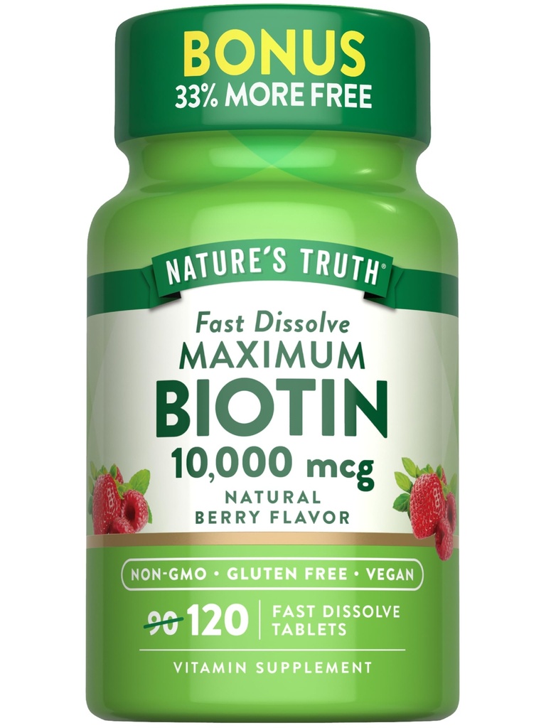 Nature 's Truth Biotin 10000mcg- 124; 120 Fast Opløs Tablets - 124; Maksimum Styrke - 124; Natural Berry Flavor - 124; Vegan, Non- GMO & Gluten Free Supplement