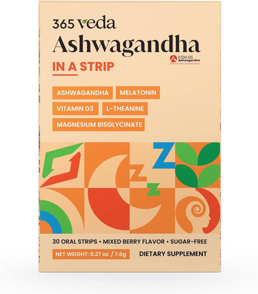 Ashwagandha Oral Strips 100 mg KSM 66 Ashwagandha, L- Theanin, Melatonin, D3- vitamin og Magnesium, Vegansk Strip til mænd og kvinder, Sugar- Free, Non- GMO, 30 Oral Strips (Berry)