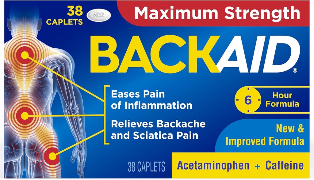 Backaid Maksimal styrke Aspirin- Free Pain Relief fra Backache, Sciatica og Ben Pain, Kraftfuld Kombination, Længere 6 timers Formel, 38 Tæl